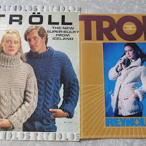 Lot of 2 Vintage Reynolds TROLL Super-Bulky Yarn Knitting Leaflets: 114 Men + Women Pullovers & Vol. 116 Misses Jackets to Knit in a Weekend