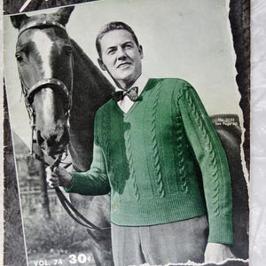 Vintage 1945 Fleisher's Hand KNITS for MEN Booklet, Pullover + Cardigan Sweaters Vests Socks Mittens Gloves Scarf Booklet Vol 74 Szes 38-42