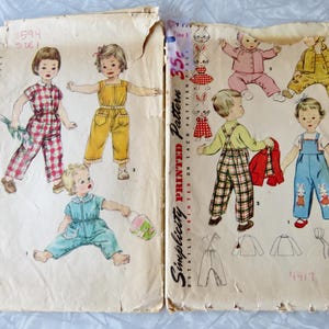 May include: Vintage Simplicity sewing pattern for children's clothing. The pattern includes instructions for making overalls, a jumper, and a jacket. The pattern is printed on paper and has a red and white checkered design.