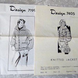 May include: Two vintage knitting pattern sheets. One features a man in a knitted jacket, labeled "Design 7199." The other, "Design 7405," shows a woman in a knitted jacket. Both are black and white illustrations with text, including knitting instructions.