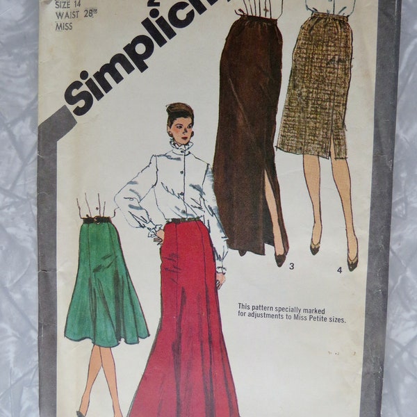 Vintage Simplicity 9772 Sewing Pattern Flared Gored & Slim Fitted Side Slit Skirt, Long or Short Lengths 1980 Misses Size 14 W 28 UNCUT FF