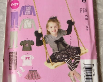 2012 McCall's Easy Sewing Pattern MP260 Size CB Girls Toddler Child 1 2 3 Tops Skirts Leggings and Arm Warmers UNCUT, FF. Stretch Knits.