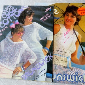 May include: Three vintage knitting and crochet pattern books with a summer theme. The covers feature women wearing crocheted tops and sweaters. The books are titled "Quick Cool Cottons", "Knit and Crochet", and "Free".