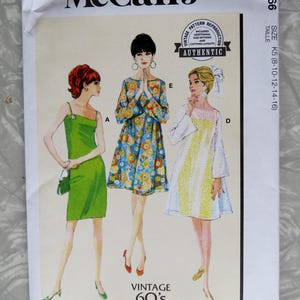 May include: McCall's vintage sewing pattern featuring three dress designs from the 1960s. The pattern includes size options and cutting layouts. The cover displays illustrations of the dresses, with the text "Vintage 60's".