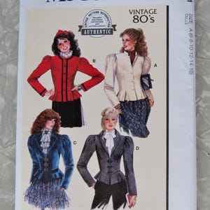 May include: McCall's sewing pattern M8541 for vintage 80's jackets in size A (6-8-10-12-14-16). The envelope features illustrations of four jacket styles with puff sleeves, peplum waists, and various necklines, including a red, cream, blue, and gray jacket.