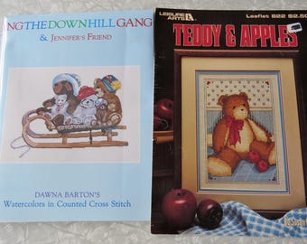 Lot of 2 Teddy Bear Cross Stitch Charts Project Pictures Leaflets- Teddy & Apples Leisure Arts 822 + The Down Hill Gang, Jennifer's Friend