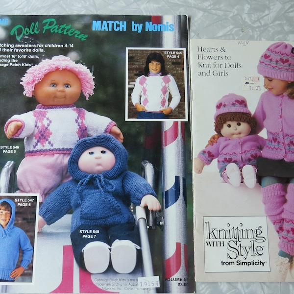 The Doll Pattern MATCH by Nomis #54 & Simplicity #0418 Hearts + Flowers Cabbage Patch Kid + Child Matching KNIT Sweaters Pattern Leaflets