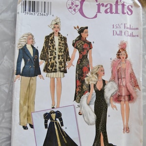 May include: Simplicity Crafts pattern for 15.5-inch fashion doll clothes. The pattern features illustrations of various doll outfits, including a blazer and pants, a leopard print coat, a Chinese-style dress, a flapper dress, and a black evening gown.