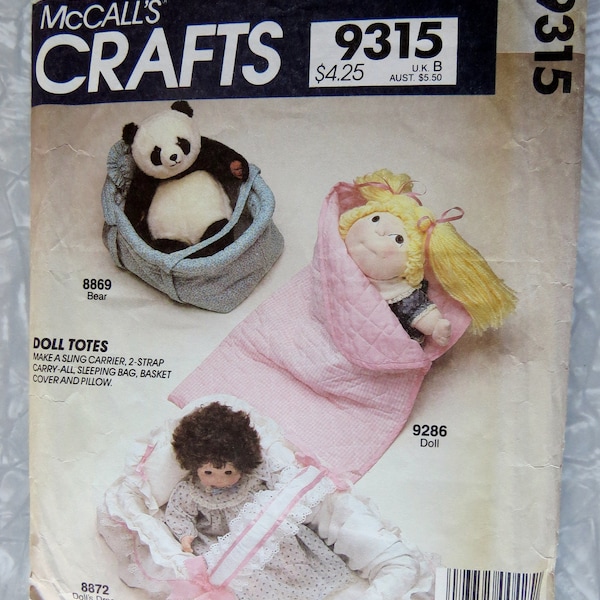 Vintage McCall's Crafts 9315 756 Totes for Dolls to 18" Covered Basket Bassinet Carry-all Pillow Sleeping Bag Carrier UNCUT Sewing Pattern