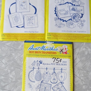 Aunt Martha's Hot Iron Transfer Embroidery Patterns -Pick: 3510 Fruit Tea Towel, 3632 Vegetables and Fruits or 3801 Kitchen Pot Holders