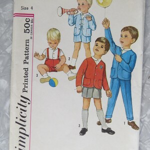 May include: A Simplicity 4913 toddler size 4 sewing pattern envelope featuring illustrations of children wearing various outfits including a blue striped suit, red shorts with suspenders, a red cardigan with gray shorts, and a blue suit.