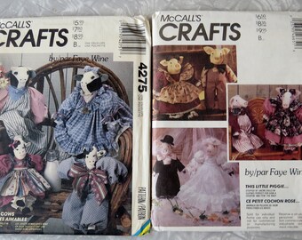 McCalls Crafts 4275 Country Cow Bulls or 4665 Pig Dolls Bride Stuffed Animal Dolls & Clothing Sewing Patterns by Faye Wine UNCUT FF 1990s