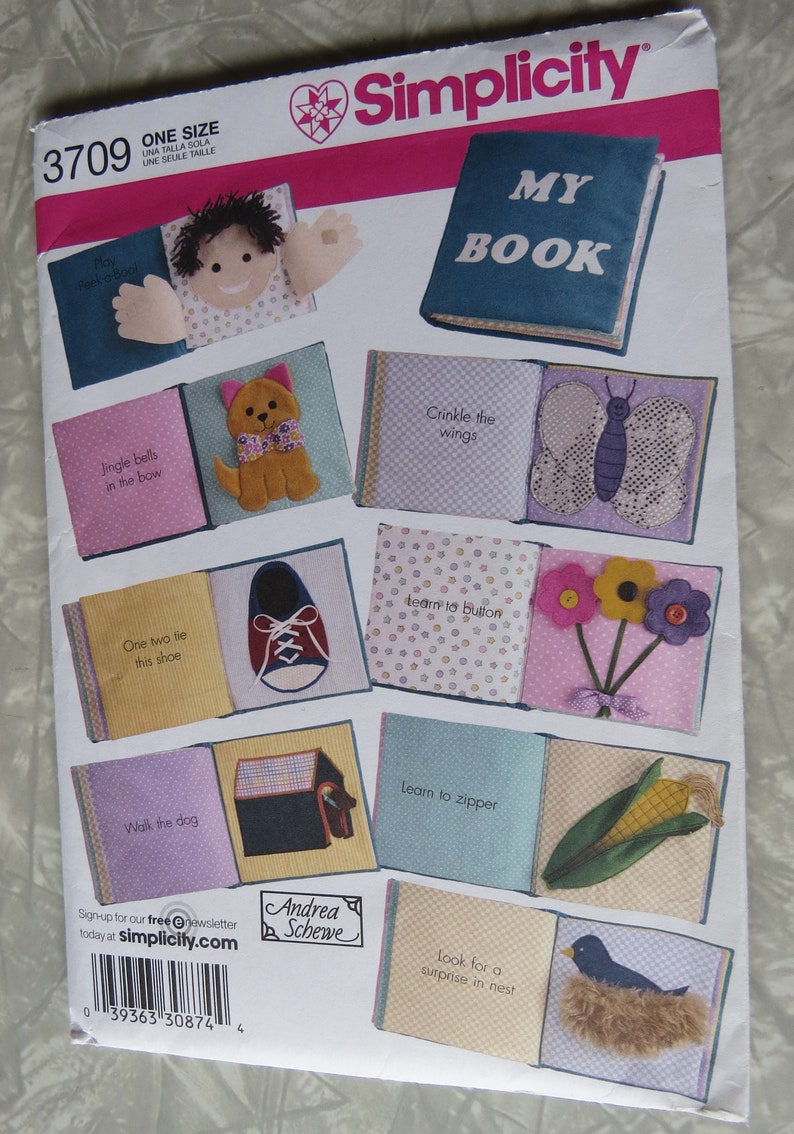 Simplicity 3709 MY BOOK Interactive Child's Soft Learning Activity Book: Zip, Tie, Button UnCUT, FF 2007 Andrea Schewe Craft Sewing Pattern image 1
