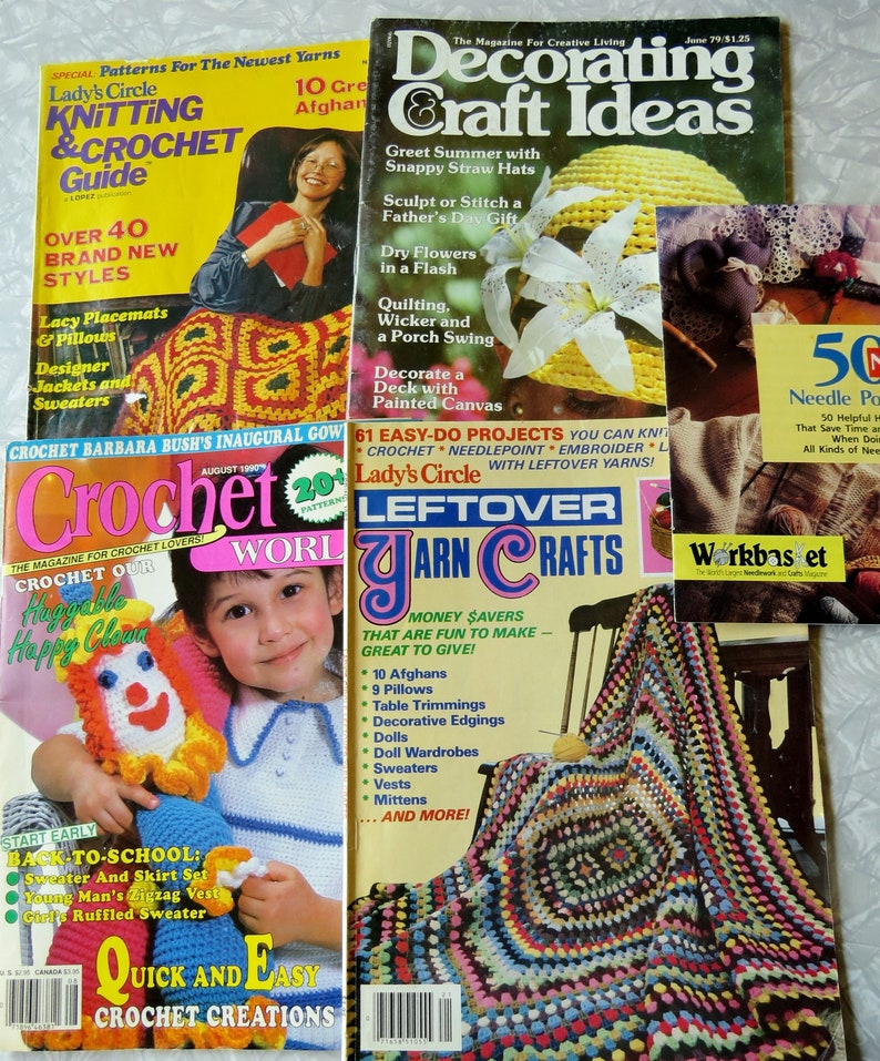 Lot of 4 Vntge Craft Pattern Magazines Crochet World Lady's Circle Leftover Yarn Crafts Knitting Crocheting Guide Decorating & Craft Ideas image 1