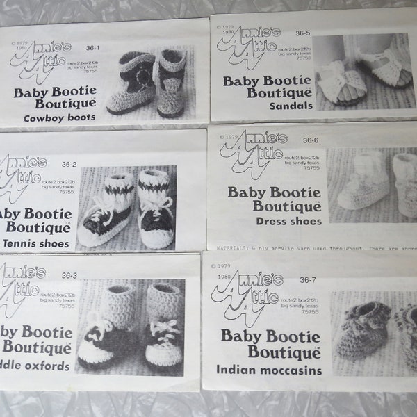 BABY BOOTIE BOUTIQUE Annie's Attic Leaflets Crochet Pattern Sheets: Moccasins, Dress shoes, Sandals Saddle oxfords Cowboy boots Tennis shoes