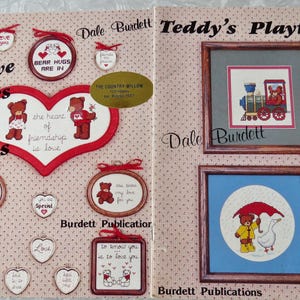Lot of 2: Love Bears All Things DB-38 & Teddy&#39;s Playtime DB-42 Dale Burdett Counted Cross Stitch Chart Pictures Designs Booklets 1980s