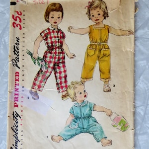 Vintage 1950s Simplicity 1594 Sleeveless Coverall or 4177 Overalls Jacket Hat + Rabbit Transfer Size 1 Br 20 Toddler Boy Girl Sewing Pattern