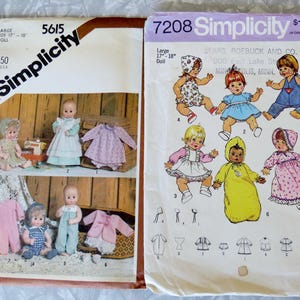 May include: Two vintage Simplicity sewing pattern envelopes. One is labeled 5615 for a large 17-18 inch doll, and the other is 7208. The patterns feature illustrations of dolls in various outfits, including dresses, overalls, and coats.