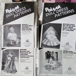 May include: Several vintage "Poissot Doll Dress Patterns" booklets. The covers feature illustrations of dolls in various outfits, including a baby in a high chair, a bride, and other doll dresses. The booklets are printed in black and white.