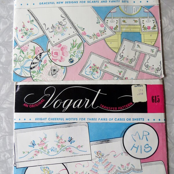 Vintage Vogart Hot Iron Transfer Patterns Embroidery Pillowcases - U Pick: 615 Cheerful Motifs for Cases OR 632  Scarfs Vanity Sets Unused