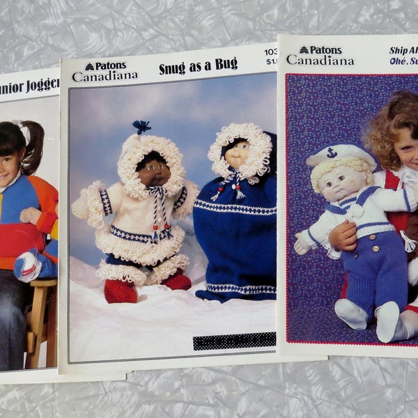 Patons Canadiana 1030 Junior Joggers, 1034 Snug as a Bug or 1038 Ship Ahoy Knit Doll Clothing Pattern Leaflets for 16" tall CPK Dolls 1980's