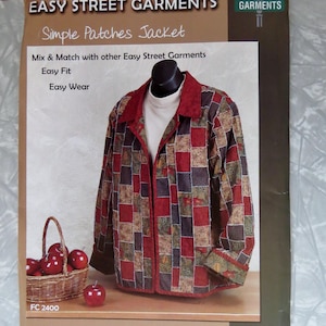 May include: A sewing pattern envelope for a Simple Patches Jacket by Easy Street Garments. The cover features a jacket with a red, brown, and green patchwork design, a solid cream-colored mock neck top, and a basket of red apples. Text includes pattern number FC 2400 and size ranges.