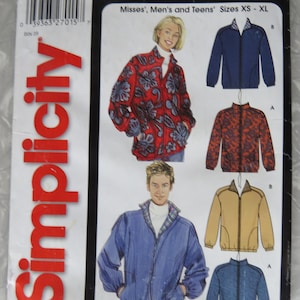 May include: A Simplicity sewing pattern envelope 5387 for a zip-up jacket in sizes XS-XL. The cover features illustrations of individuals wearing jackets in various colors and patterns, including red floral, solid blue, and tan, with text.