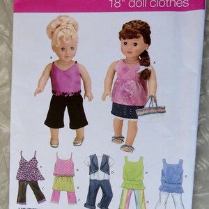 May include: Simplicity 18" doll clothes pattern. The pattern features illustrations of dolls wearing various outfits, including tops, pants, skirts, and a vest. The pattern includes the text "ONE SIZE" and "Designs by Robin Greenwood."