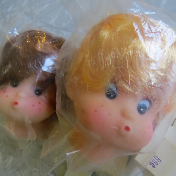 2 Vintage Doll Heads w/ Necks, Girls Pouting or Kissing, Freckles, 3 3/8" tall, Blonde & Brunette Rooted Hair, Painted Faces, Craft Supply