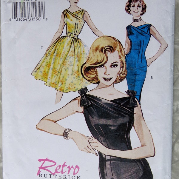 Butterick Retro '60 6582 1960's Semi-Fitted Dress- Slim or Flared Skirt, Gathered Shoulders, Belt Misses Size 12 14 16 UNCUT Sewing Pattern