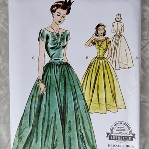 May include: Vogue Patterns sewing pattern featuring illustrations of vintage dresses. The pattern includes a green dress, a yellow dress, and a white dress. The pattern is a reissue of a 1941 design and includes additional size options and cutting layouts.