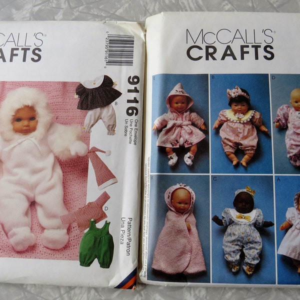 McCall's Crafts 9116 AND 3059 Baby Doll Clothes Dress Jumpsuit Romper Sleeper 3 sizes Sm 8-10" Med 11-13" Large 14-16" UNCUT Sewing Patterns