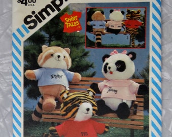 Simplicity 6053 237 SHIRT TALES 18" Stuffed Toy Fur Animals : Pammy Panda, Rick & Tyg Tiger Hallmark UNCUT ff Sewing Pattern + Transfers