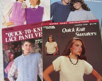 Lot of 4 Leaflets Leisure Arts Quick Knit Sweaters 318, His & Her 376 Lace Panel Vests 476 + Brunswick Super Quick Vests 853 Vintage 1980s