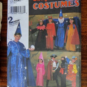 May include: Simplicity Costumes pattern featuring various children's Halloween costumes. The costumes include a wizard, devil, princess, pirate, and clown. The pattern includes sizes A, S, M, and L.