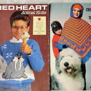 Red Heart ANIMAL KNITS Coats & Clark's Book 340 Child Adult Sweaters: Walrus Whale Dino Bear Charts + Children's World 263 Ponchos Crochet
