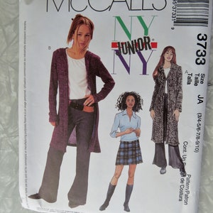 McCall&#39;s 3733 Sweatercoat in 2 Lengths Hood or Collar, Top Pants & Pleated Skirt Juniors Size JA: 3/4 5/6 7/8 9/10 UNCUT Sewing Pattern 2002