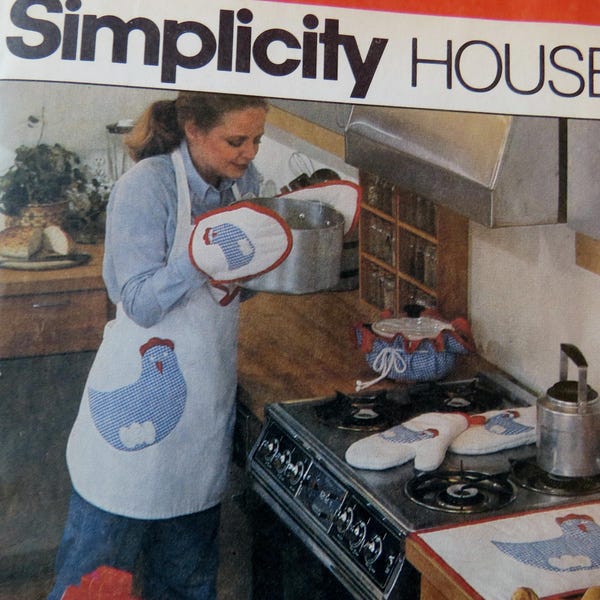 Vintage Simplicity House 124 Apron Potholders Mitts Trivet Placemat Bun Tea Casserole Cozy, Chicken Applique 1981 Sewing Pattern UNCUT, FF