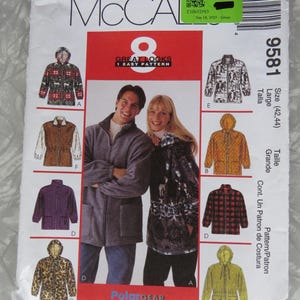May include: A McCall's 9581 sewing pattern envelope for PolarGear jackets. The front displays eight variations of hooded and collared jackets in different colors and patterns, including leopard print, plaid, and solid fleece, with size Large 42-44.