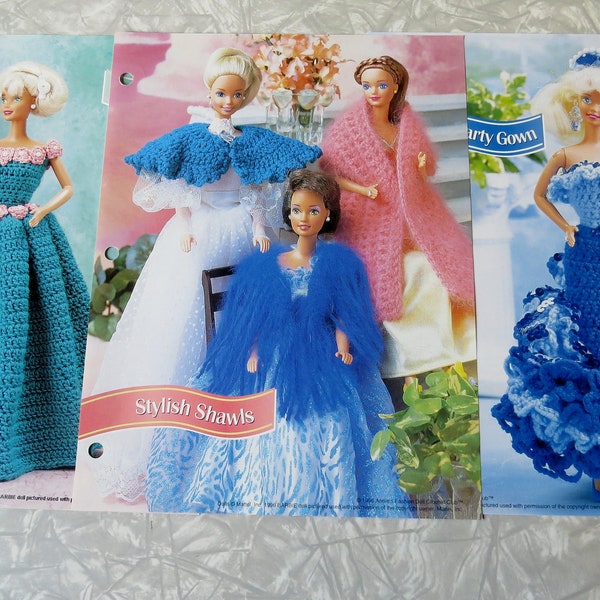 Bejeweled Party Gown, Stylish Shawls or Pretty Petals Annie's Attic Fashion Doll Crochet Club Sheets 11 1/2" Barbie Clothes 1990s Dresses