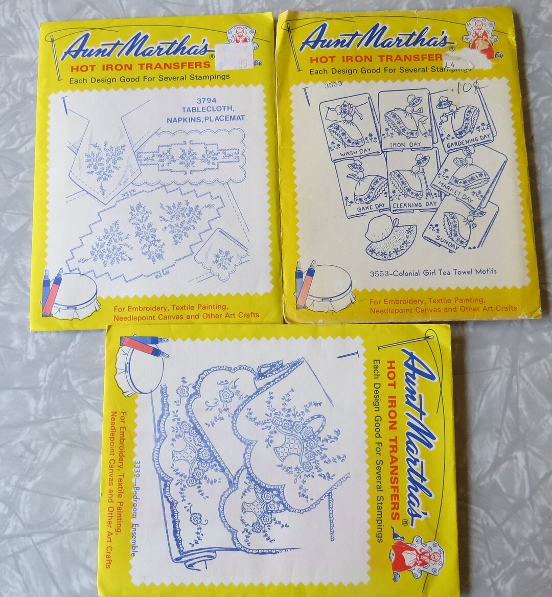 Lot of 3 Original Vintage Aunt Martha's Hot Iron Transfers Embroidery ...