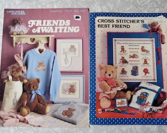 Lot of 2 Teddy Bear Cross Stitch Charts Project Pictures Leaflets- Friends Awaiting Leisure Arts 707 & Best Friends Craftways 1980s