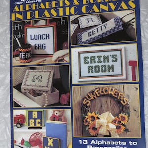 ALPHABETS & BORDERS #1615 for Plastic Canvas Leisure Arts Leaflet 13 abcs for personalization Joan Green,  Bookend + Book Covers, Boxes Bag