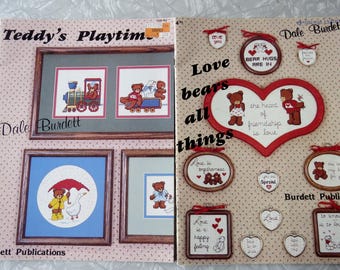 Lot of 2: Love Bears All Things DB-38 & Teddy's Playtime DB-42 Dale Burdett Counted Cross Stitch Chart Pictures Designs Booklets 1980s