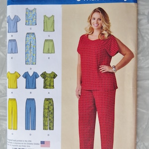 May include: Simplicity sewing pattern 1446 GG, featuring a woman in a red patterned pajama set. The pattern includes various pajama top and bottom styles, with sizes ranging from U.S. 26W-32W. The text "6 made easy" is visible.