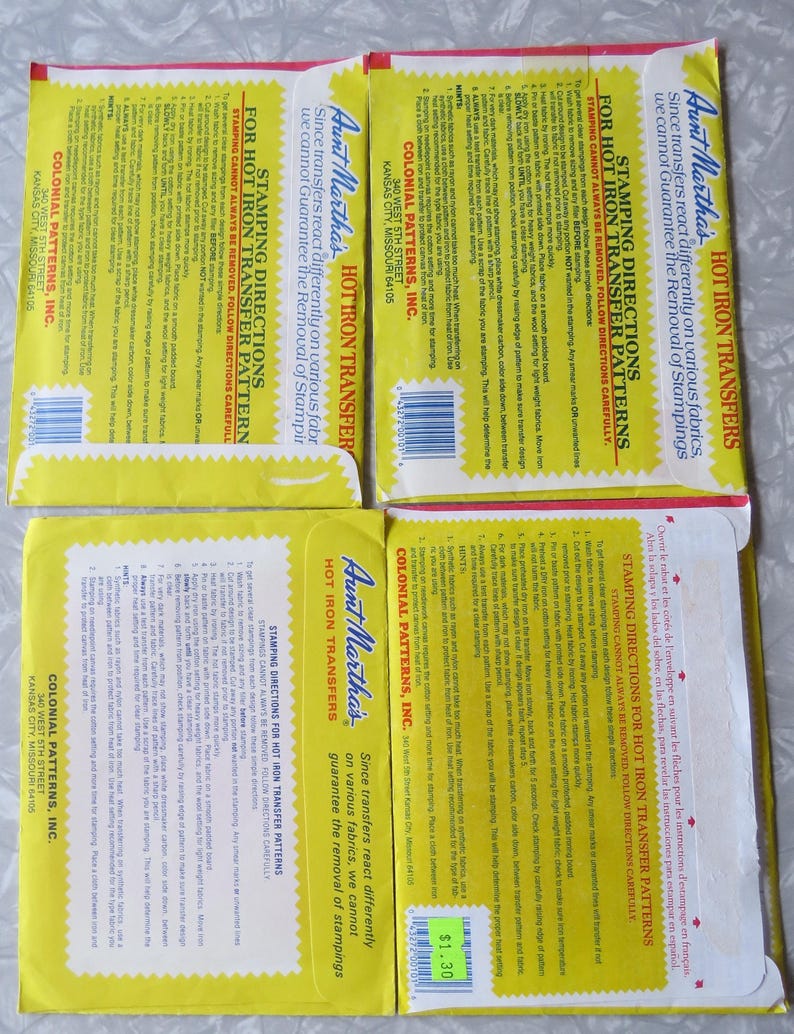 May include: Four vintage Aunt Martha's Hot Iron Transfer pattern packets. Each packet features yellow and red packaging with instructions and the text "Stamping Directions". The packets are from Colonial Patterns, Inc.