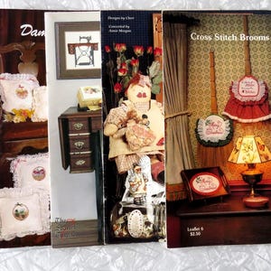 LOT of 5 Cross Stitch Leaflets: Simple Elegance Pat Waters, Brooms Oak Tree, Cute as a Button By Cheri, Needleworkings II & Damask Baskets