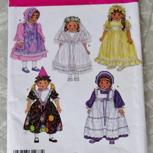 May include: Simplicity sewing pattern featuring five doll dresses. The pattern includes a variety of styles, including a wedding dress, a birthday dress, and other formal dresses. The pattern is one size. The text "Simplicity" is at the top.
