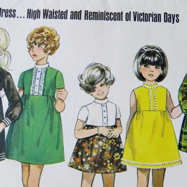 Original Butterick 5441, Child Girls High Waisted Victorian Dress, Sleeve & Trim Options Size 4 Br 23 Complete Vintage Sewing Pattern 1960's