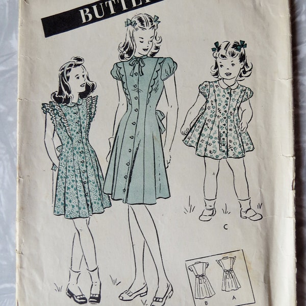 Vintage Butterick 3487 Girls Button-Front Princess Frock Dress Size 8 Br 26 1940s Unprinted Tissue Complete Sewing Pattern